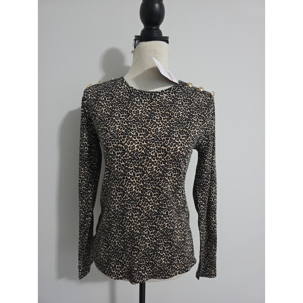 Rafaella Women's Decorative Buttons Long Sleeve Tee Leopard Print X-Small NEW